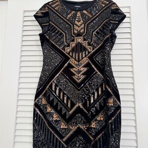 Express Black and Gold Geometric Sequin Mini Dress